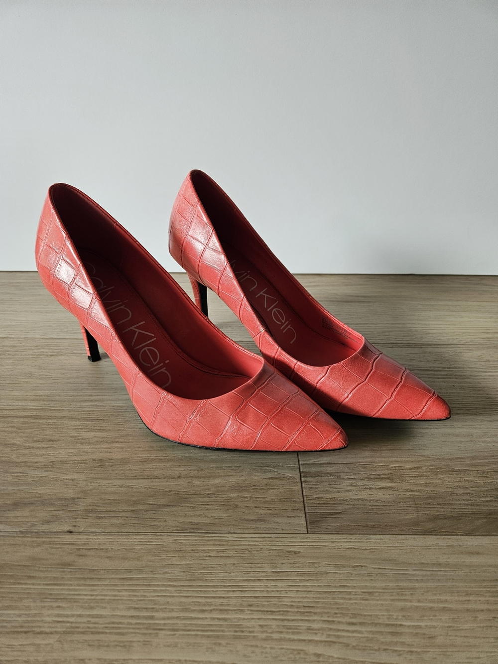 Calvin Klein Coral Croc-Embossed Pointed Toe Pumps